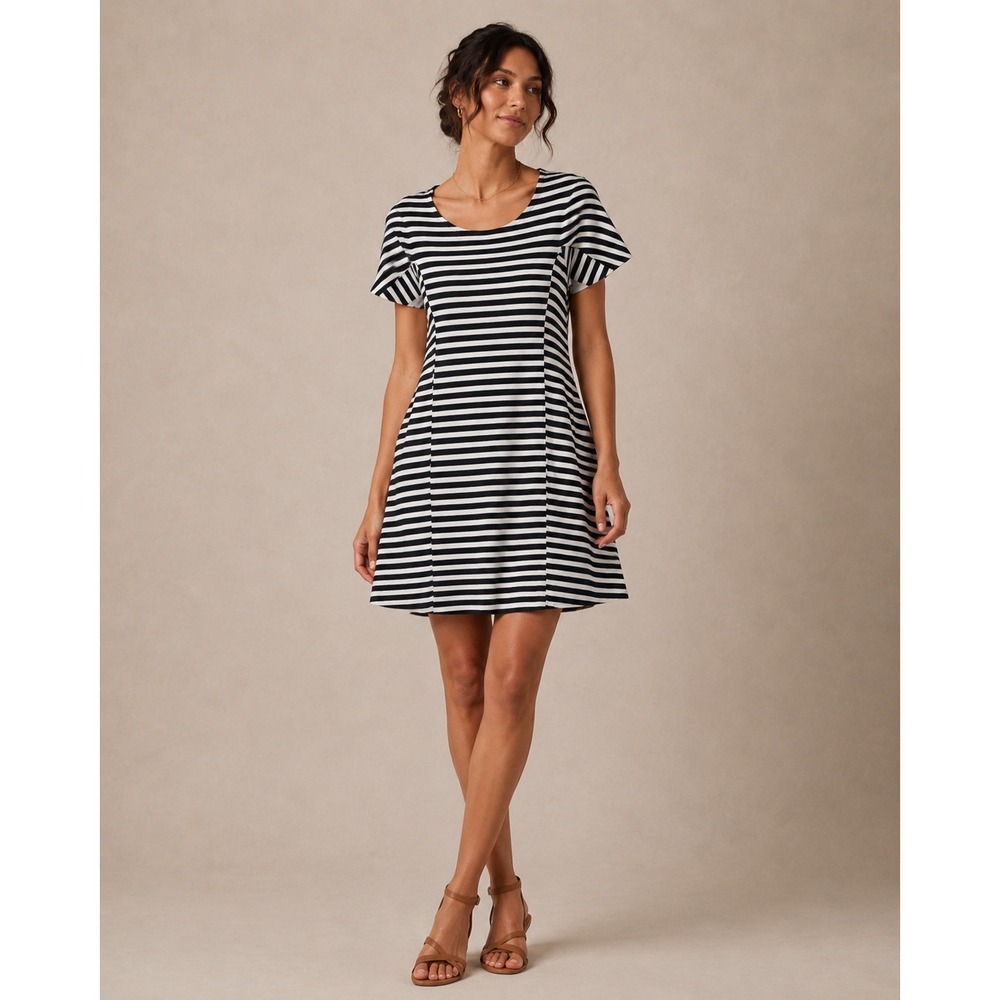 J.Crew Womens Black White Striped Short Sleeve Shift Dress Exposed Zipper Size M